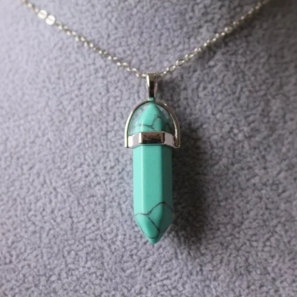Turquoise Howlite Crystal Point Necklace – Silver Tone Chain, Healing Stone Pend - Picture 2 of 5